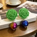 Vintage green rose stud earrings featuring vibrant gradient and blue bead pendants. - Green Flower幻彩Pendant Earrings (2606210)