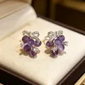 Exquisite vintage silver grape earrings featuring purple gemstones and delicate bow detail - 2606181 Exquisite Zirconia Purple Grape Studs (S925 Sterling Silver Earring Post)