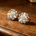 Elegant vintage flower stud earrings with colorful enamel dots and shiny clear crystals - 2606188 Colorful Polka Dot Zirconia Flower Earrings