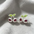 Vintage cherry-shaped stud earrings with red gemstones and green leaves - 2606187 Zirconia Cherry Stud Earrings