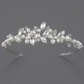 Elegant silver princess tiara headband featuring white pearls and sparkling clear crystals - Rhinestone & Artificial Pearl Girls Headband (TS-J755)
