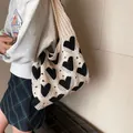 Bolso de hombro de punto con estampado de corazones negros y gran capacidad mujer - Albaricoque