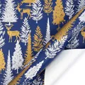 Navy blue Christmas wrapping paper roll with gold reindeer and pine tree pattern - Christmas Series - Snow Deer Forest