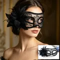 Elegant black lace masquerade mask with side flower for Venetian balls or Halloween. - One Size / Black
