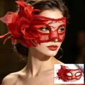Elegant red lace Venetian masquerade mask with large flower and feather for party wear - One Size / Red