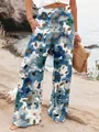 Pantalon large pour femme avec imprimé floral bleu aquarelle pour un style de plage - Bleu sarcelle
