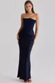 Elegant navy blue strapless satin evening gown with corset bodice and draped waist detail. - XS / Dark Blue