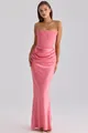 Elegant pink strapless corset dress with pleated satin skirt for evening events - XS / Watermelon red