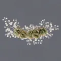 Peigne à cheveux élégant avec fleurs en tissu vert, perles et cristaux pour mariées - Bandeau Quotidien Polyvalent pour Fille (HS-J6730)