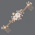 Peigne à cheveux de mariée élégant avec fleurs blanches, perles et cristaux dorés. - Peigne Double Princesse de Luxe Doré (HS-J6634G)