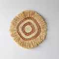 Handmade Bohemian style round straw woven wall hanging decoration with natural fringe - Spiral Detail Tassel Style (37cm)
