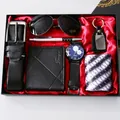 Premium men's gift set including watch, belt, wallet, and sunglasses in a red satin box. - Gift Box / 8-Piece Black Set (Belt + Wallet + Watch + Pen + Keychain + Tie + Sunglasses + Gift Box)