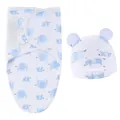 Ensemble d'emmaillotage et bonnet pour nouveau-né en coton doux avec motif éléphant - Ensemble sac de couchage + bonnet éléphant bleu