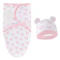 Ensemble emmaillotage et bonnet assorti pour nouveau-né avec motif de cœurs roses - Ensemble sac de couchage + bonnet motif cœur rose