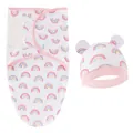 Ensemble lange et bonnet pour nouveau-né en coton doux avec joli imprimé arc-en-ciel - Ensemble sac de couchage + bonnet motif arc-en-ciel rose