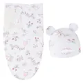 Ensemble emmaillotage bébé et bonnet oreilles d'ours avec motif floral lapin mignon pour nouveau-né - Ensemble sac de couchage + bonnet motif lapin et pêche