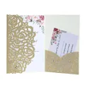 Close-up of gold glitter laser-cut wedding invitation with floral RSVP card inserts - Light Gold Glitter
