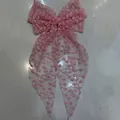 Pink lace bow hair clip with floral embroidery and long streamers - Pink