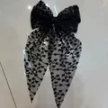 Elegant black lace bow hair clip with long embroidered streamers for parties - Black