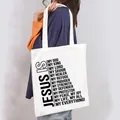 Close-up of a white canvas shopping tote bag featuring a religious 'Jesus Is' quote. - JESUS IS List Style (25)
