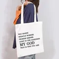 Large capacity women's white canvas tote bag with black inspirational text print - White Canvas Religious Style (22)