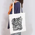 Large white canvas tote bag for women featuring Jesus and Coffee motivational print design - With Jesus In Her Heart Style (21)