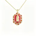 Exquisite Virgin Mary hexagonal pendant with red enamel and vibrant orange zircons - Style-C / Pendant Only
