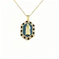 Detailed macro view of a gold-plated Virgin Mary pendant with blue enamel and zircons. - Style-D / Pendant Only
