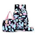 Stylish three-piece backpack set with colorful cow print design for school students - Black