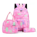 Pink tie-dye 3-piece school backpack set featuring lunch bag and pencil case for students - Three-Piece Set / Pink