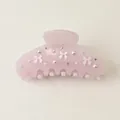 Primer plano de pinza para el cabello de acetato rosa con lazos 3D y perlas blancas - Estilo 1# Lazo Perla Artificial / 10*5cm / Rosa
