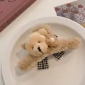 Plush bear hair claw clip with checkered bow for autumn and winter hair styling - Bear Style / Brown