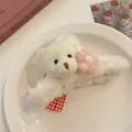 Cute plush white bear hair claw clip with pink knit flower detail for women girls - Bear Style / White