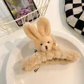 Plush bunny hair claw clip with checkered bow for women, warm winter accessory. - Rabbit Style / Brown
