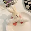 Cute cream plush rabbit hair claw clip with a red checkered bow accessory for girls - Rabbit Style / White