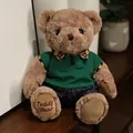 Orsacchiotto di peluche marrone premium con polo verde e pantaloncini a righe SKU - Orso Cammello in Abiti Verdi / 20-30cm