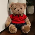 Morbido orsacchiotto marrone in peluche con polo rossa classica e pantaloni a righe blu - Orso Cammello in Abiti Rossi / 20-30cm