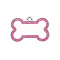 Close-up of bone-shaped pet tag with pink glitter border and blank engraving area - 31*20mm 5.4g / Pink