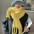 Thick bright yellow knitted scarf with tassels for cozy winter warmth - Goose Yellow