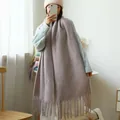 Soft thick solid color mauve long scarf with fringe for autumn and winter warmth - Khaki