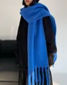 Stylish oversized Klein blue plush scarf with long tassels for cozy winter warmth. - Sapphire Blue