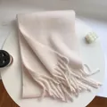 Soft cream solid color thickened plush scarf with elegant tassel ends for winter warmth - Milk White