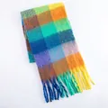 Thick warm colorful checkered scarf with tassels made of soft faux cashmere - Yellow Green Blue Plaid