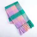 Soft pink green and purple checkered imitation cashmere scarf with fringe tassels - Purple Pink Green Plaid