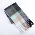 Stylish thick winter plaid scarf with long tassels in elegant muted earth tones - Black White Apricot Plaid