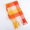 Soft orange and yellow checkered thick winter scarf with decorative tassel details - Yellow White Orange Plaid