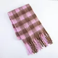 Pink and brown checkered warm plush scarf with fringe tassels for autumn and winter - Pink Coffee Plaid