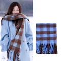 Winter thick blue and brown plaid scarf with tassels for women - Blue Coffee Plaid