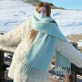Elegant soft thick mint green plush scarf with decorative tassels for winter warmth - Light Blue