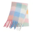 Soft macaron colored pastel plaid faux cashmere scarf with tassels for winter warmth - Tiffany Blue